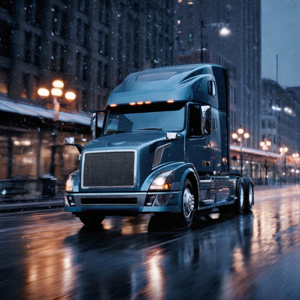 Blue Semi-Truck on a Snowy City Street Blue sleeper semi-truck on a wet city street during snowfall, with headlights and streetlights reflecting on the pavement.