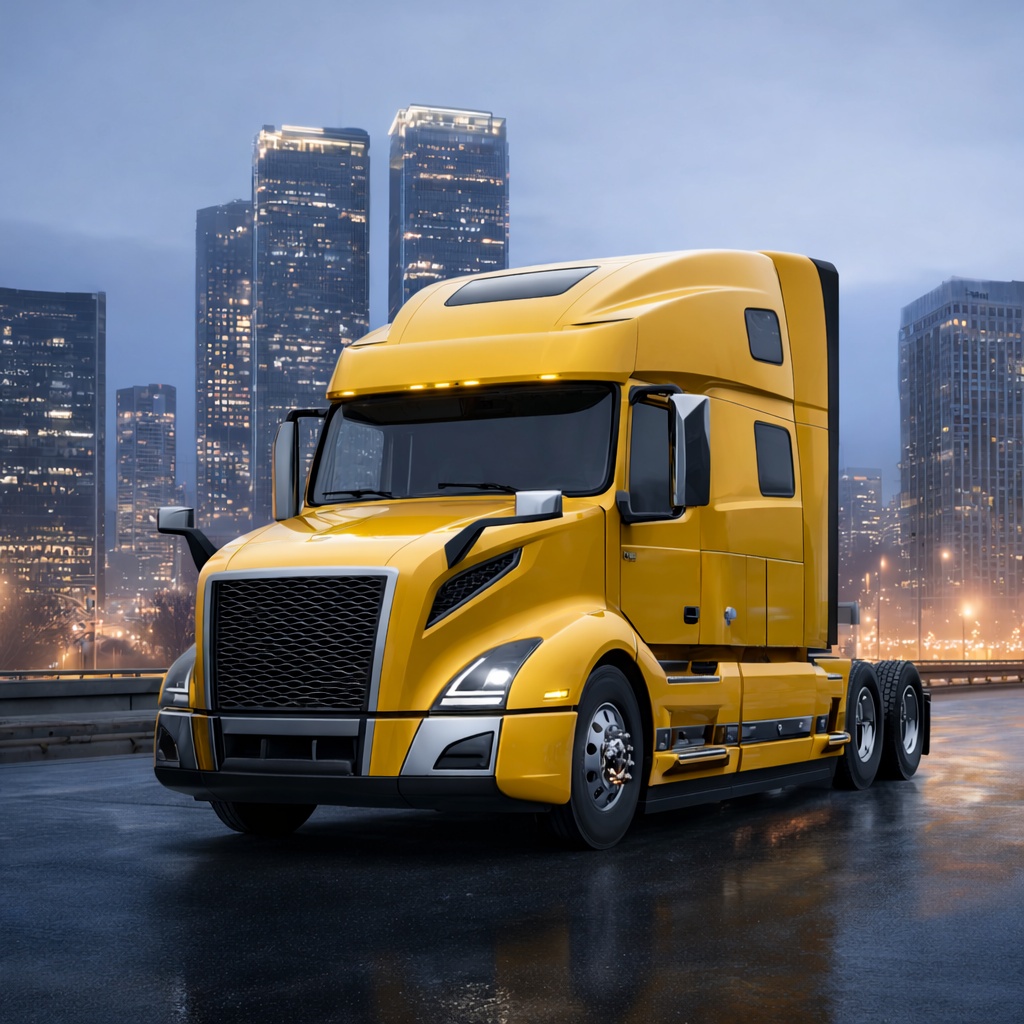 Yellow sleeper semi-truck without a trailer on a wet road, with illuminated city skyscrapers in the background.