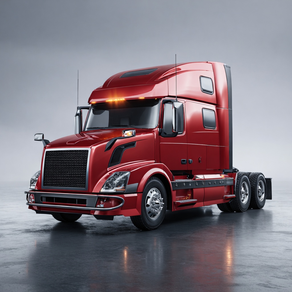 Red sleeper semi-truck with tandem rear axles and chrome wheels on a reflective surface against a gray background.