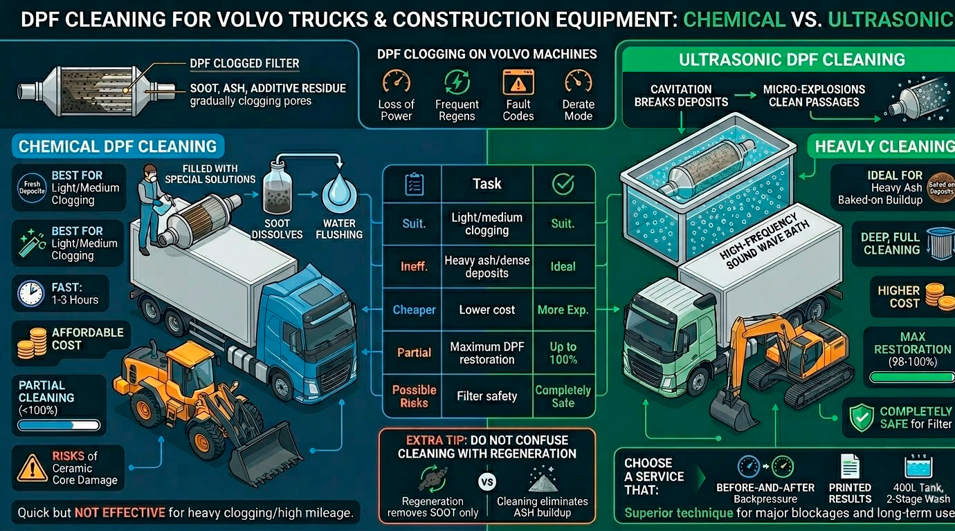 Cleaning the DPF on Volvo Trucks and Construction Equipment: Chemical vs. Ultrasonic — Which Is More Effective?