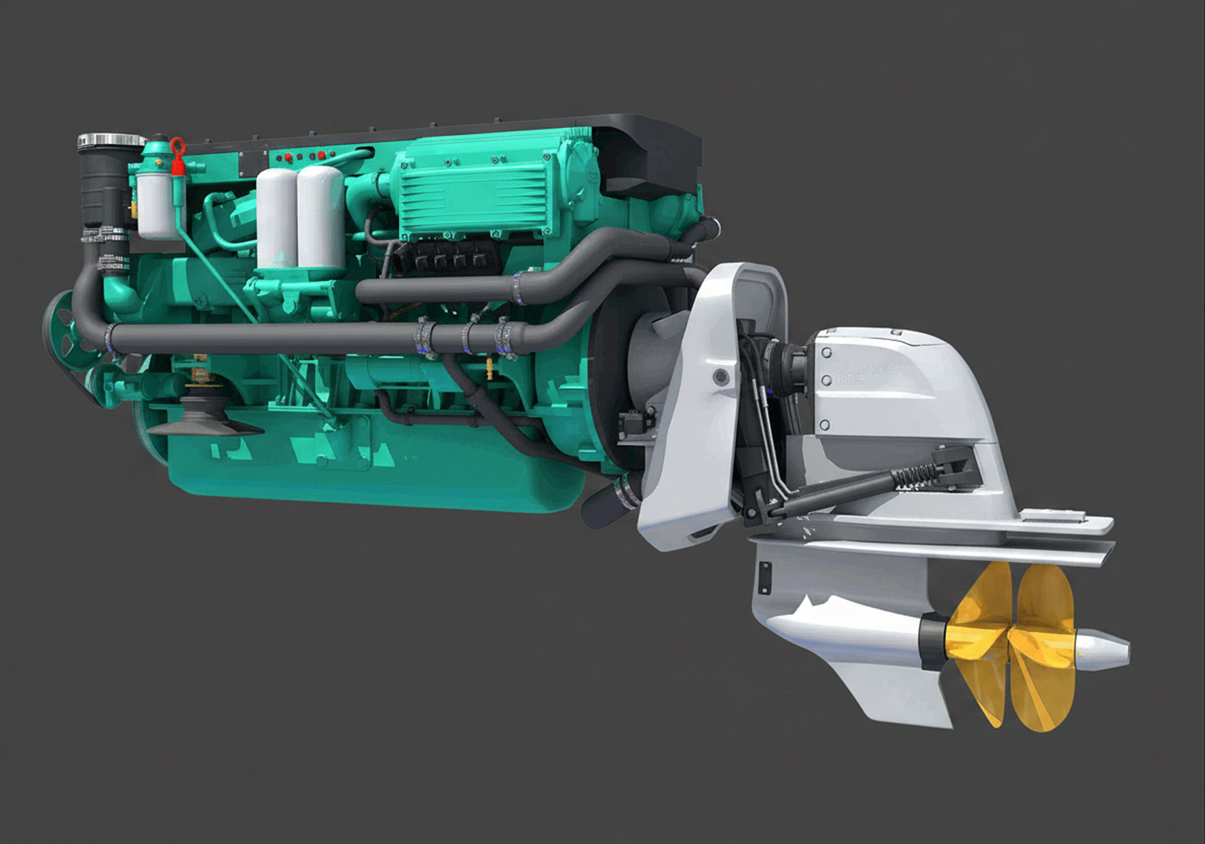 Volvo Penta Marine Engine and Sterndrive Side view of a green Volvo Penta marine engine connected to a silver sterndrive with two gold-colored propellers.