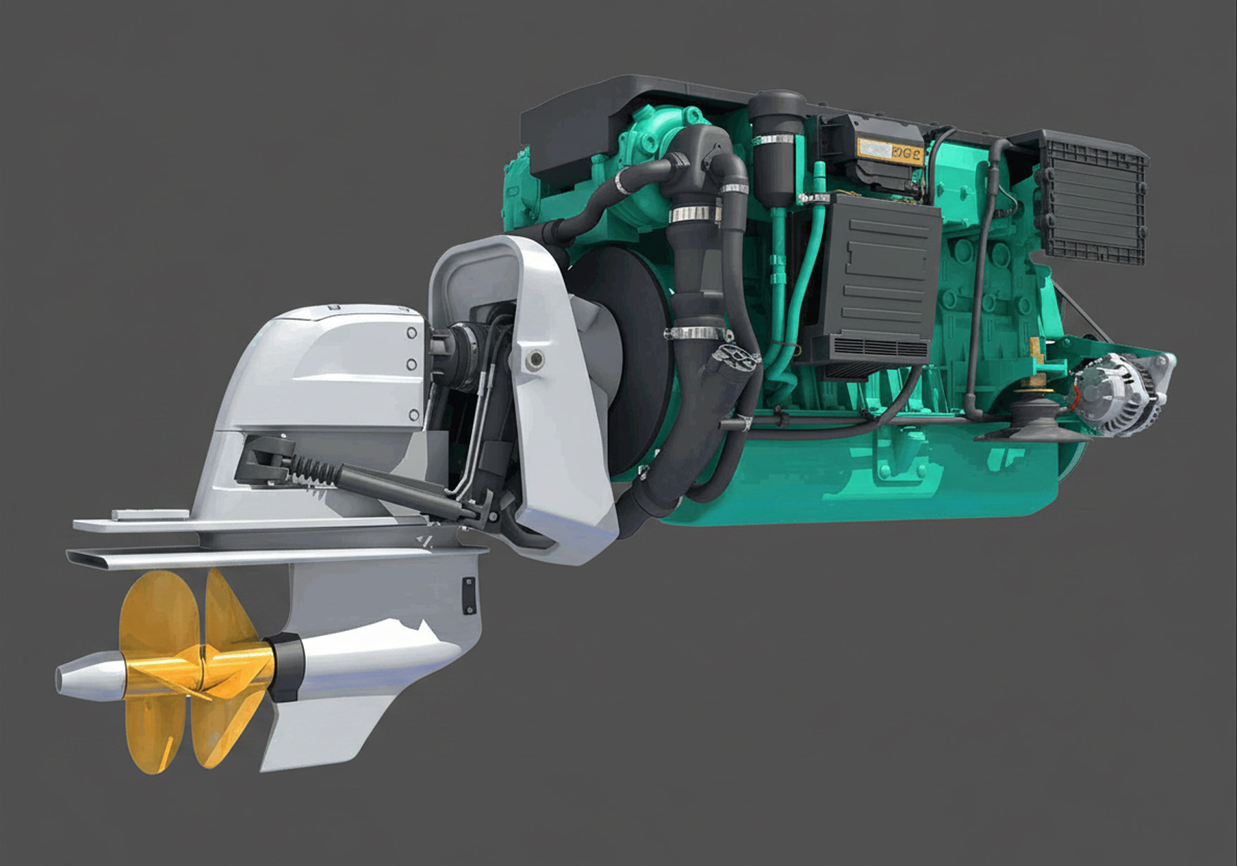 Volvo Penta Marine Engine and Sterndrive Opposite View Opposite-side view of a Volvo Penta marine engine and twin-propeller sterndrive, showing black covers, hoses, and an alternator.