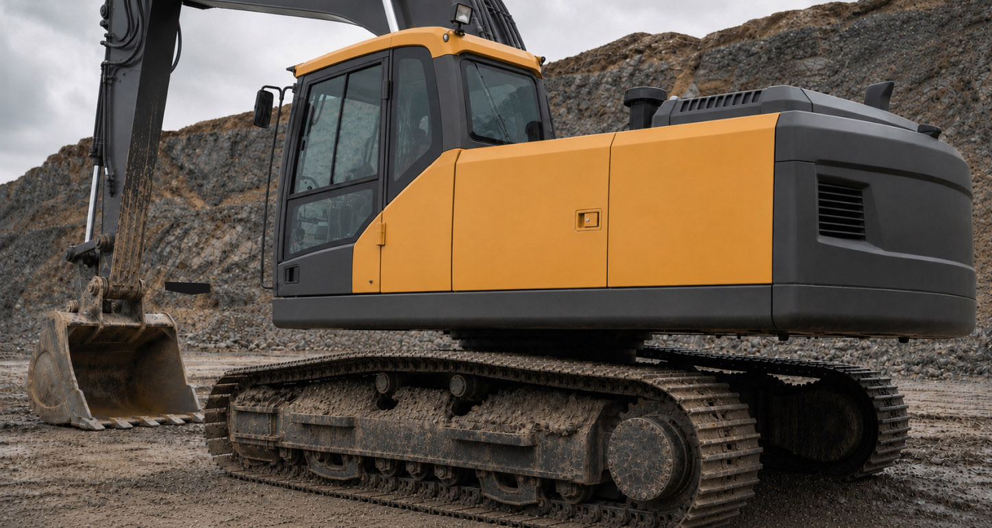 Tracked Excavator at a Quarry Yellow and dark gray tracked excavator with its bucket resting on the ground beside a rocky quarry slope.